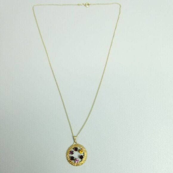 Vintage Anson Red Purple Pink Rhinestone Round Circle Pendant Necklace, 18 Inch - Picture 2 of 7